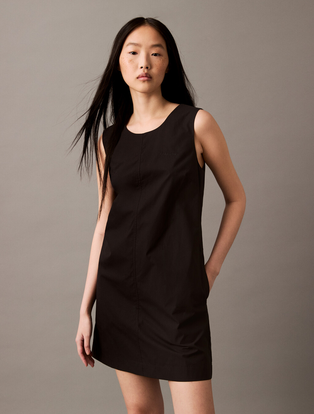 Sleeveless Cotton Poplin Mini Dress, Black, hi-res