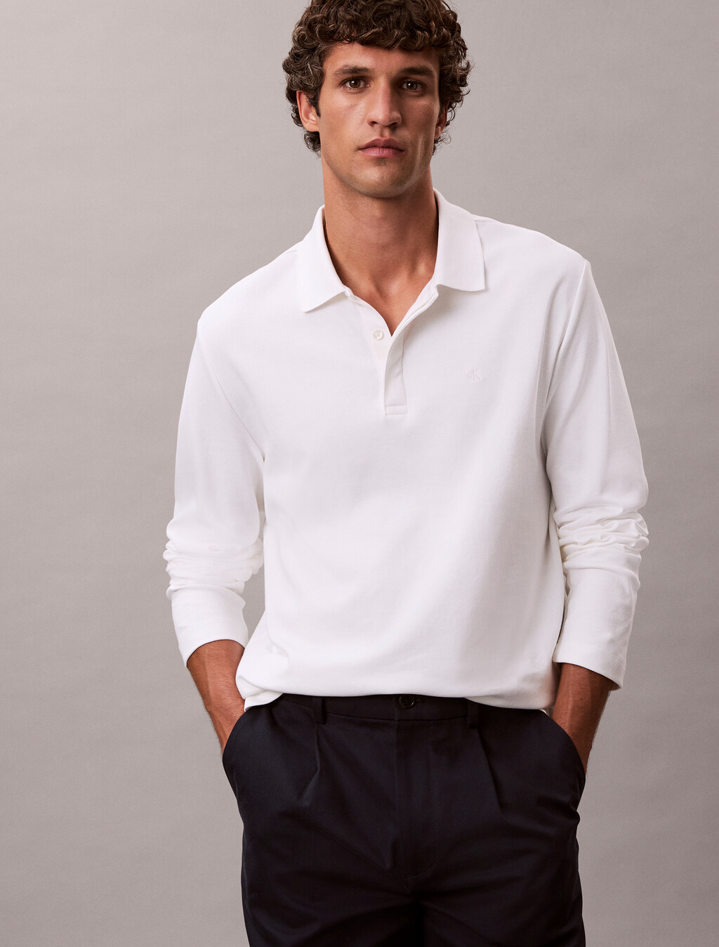 奢華綿質長袖 Polo 衫, Bright White, hi-res
