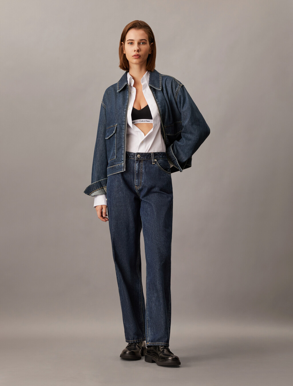 Oversized Zip Up Denim Jacket, Denim Dark, hi-res