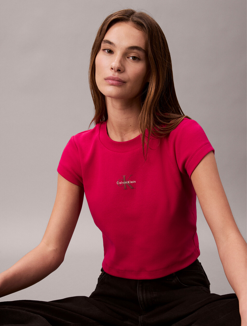 Slim Cropped Monogram T-shirt, Petunia Pink, hi-res