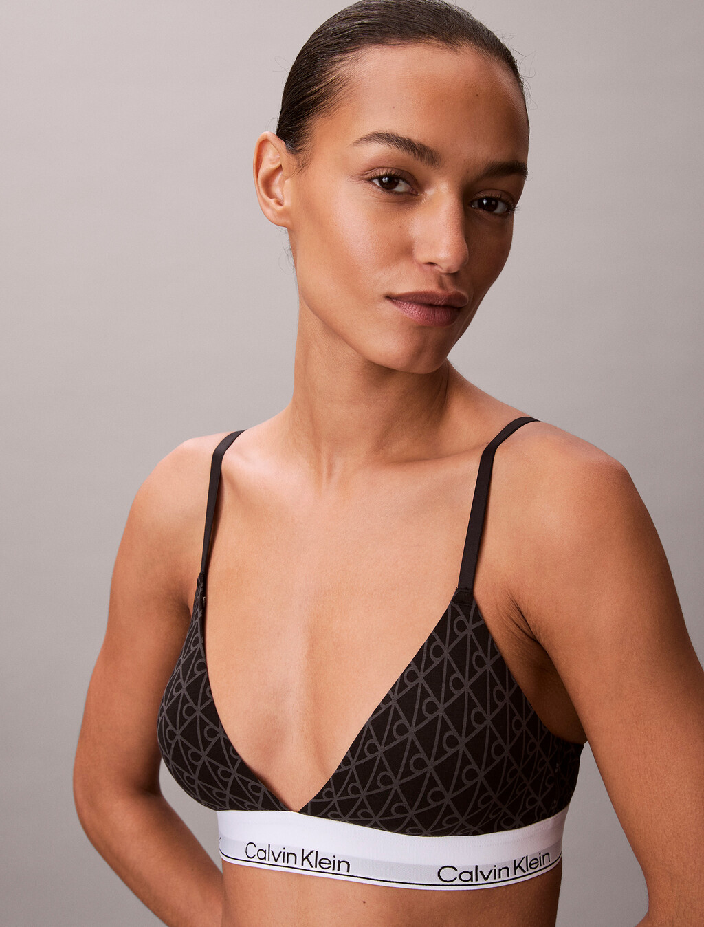 Lightly Lined Triangle Bralette - Icon Cotton Modal, SEAMLESS EMBLEM+BLACK/ASHFORD GRAY, hi-res