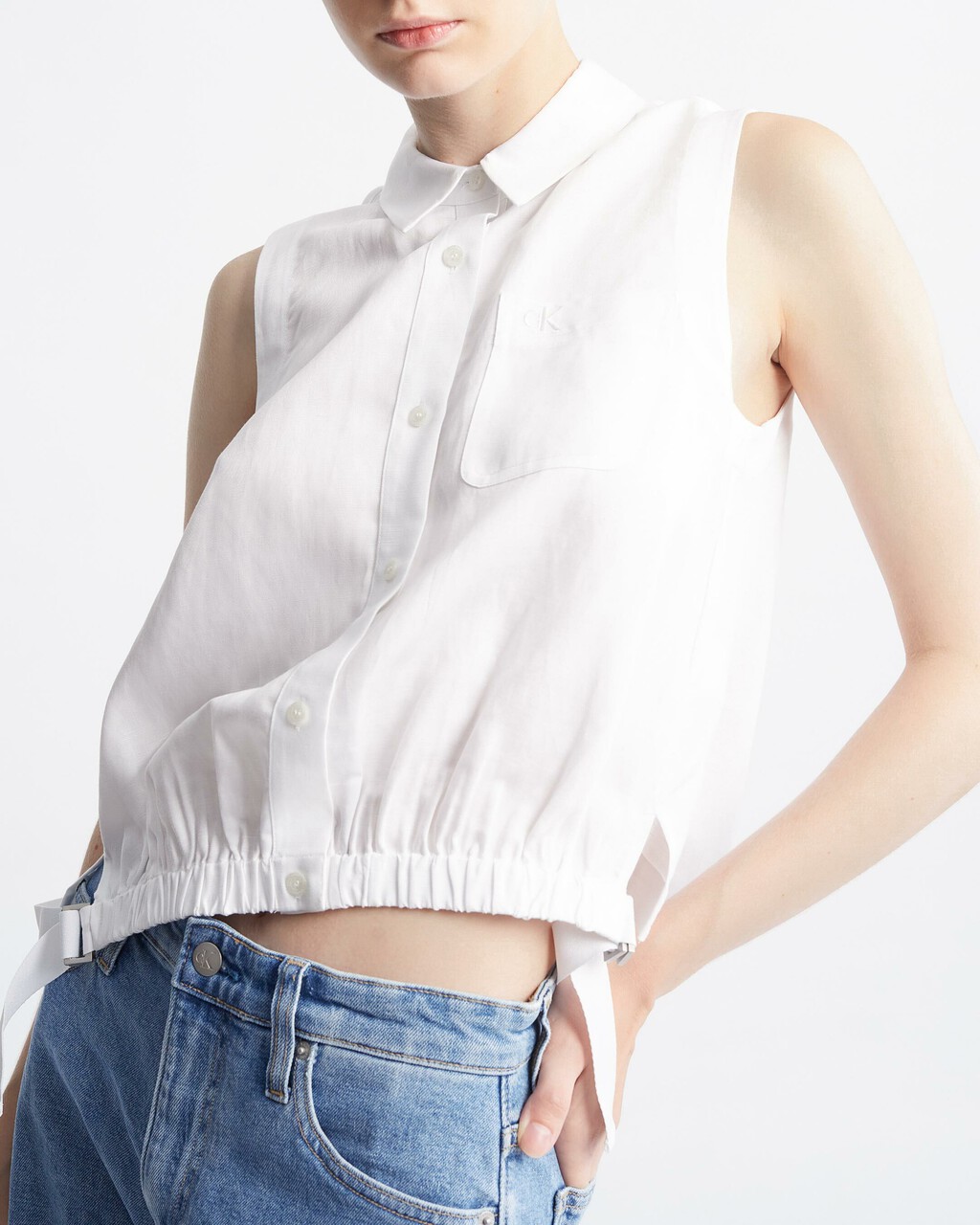 Summer Textures 側帶無袖裇衫, Bright White, hi-res
