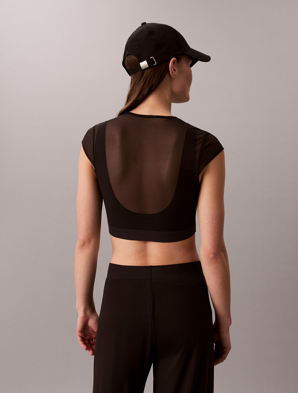 Cropped Performance Mesh Sports Bra Top, Black, hi-res