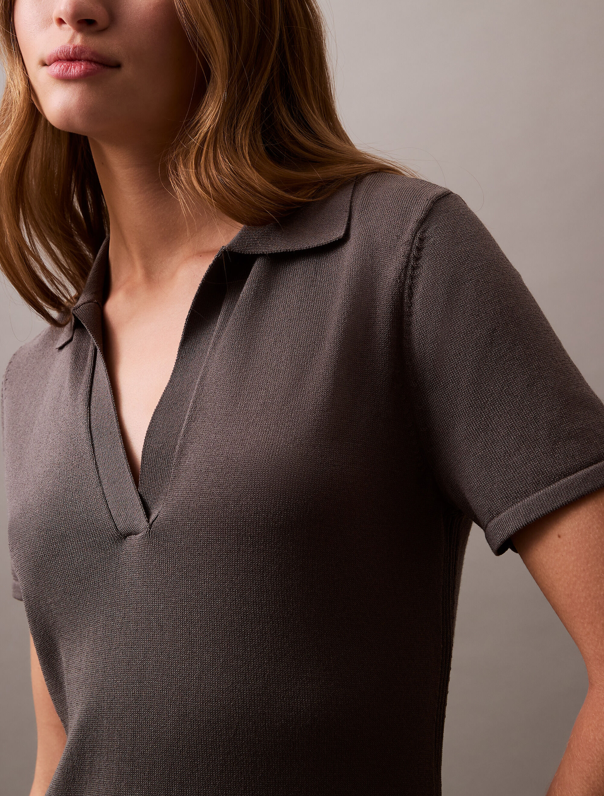 ワンピース   Liquid Shine Collar Short Sleeve Mini Dress Liquid Shine Johnny Collar Mini Dress | brown | Calvin Klein