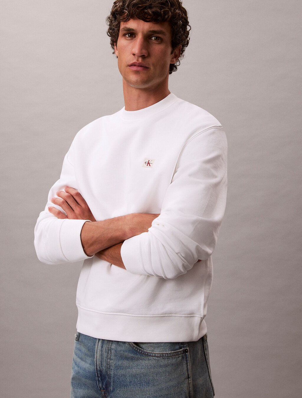 Cotton Terry Badge Sweatshirt, Bright White, hi-res