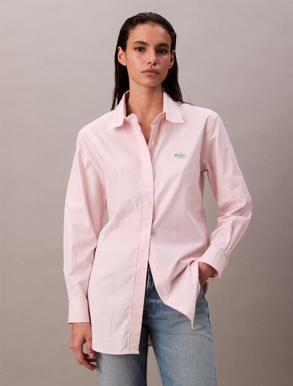 Stripe Relaxed Button-Down Shirt, Powder Pink, hi-res