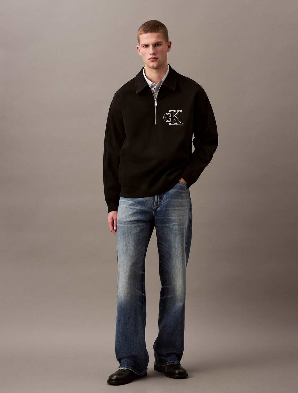 羅紋標誌貼飾拉鍊 Polo 衫, Black, hi-res