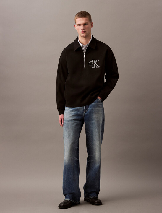 Rib Knit Logo Applique Zip Polo