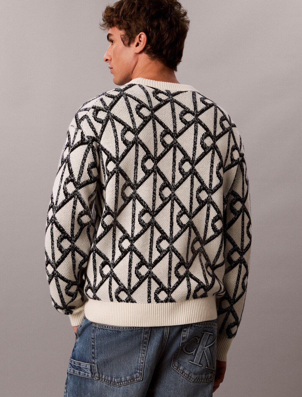 Wool Blend Logo Jacquard Jumper, Antique White, hi-res