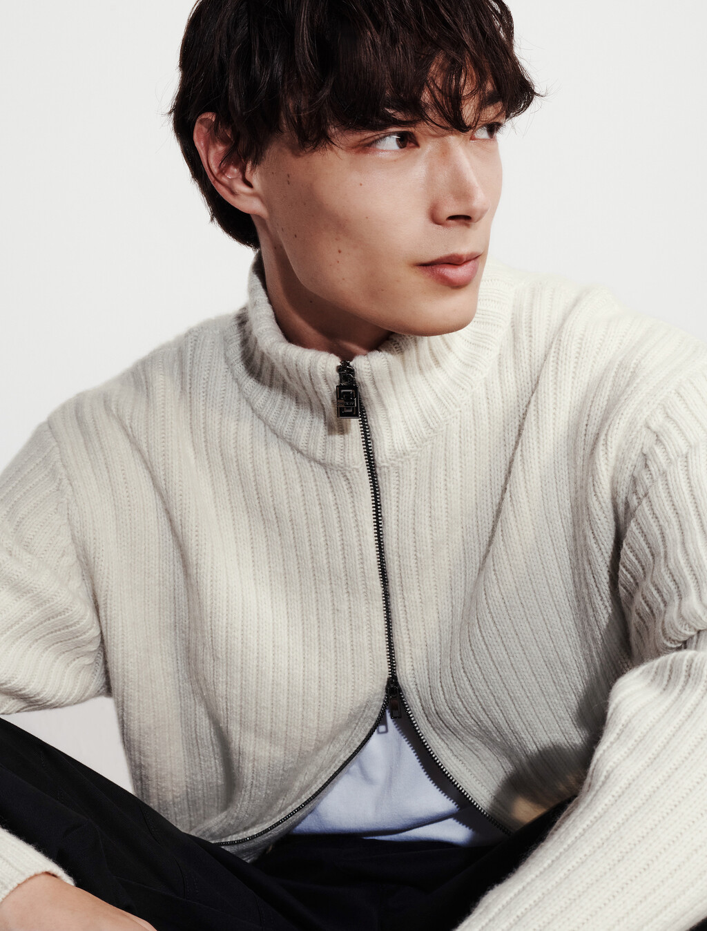 Ribbed Zip Sweater, Chalk, hi-res