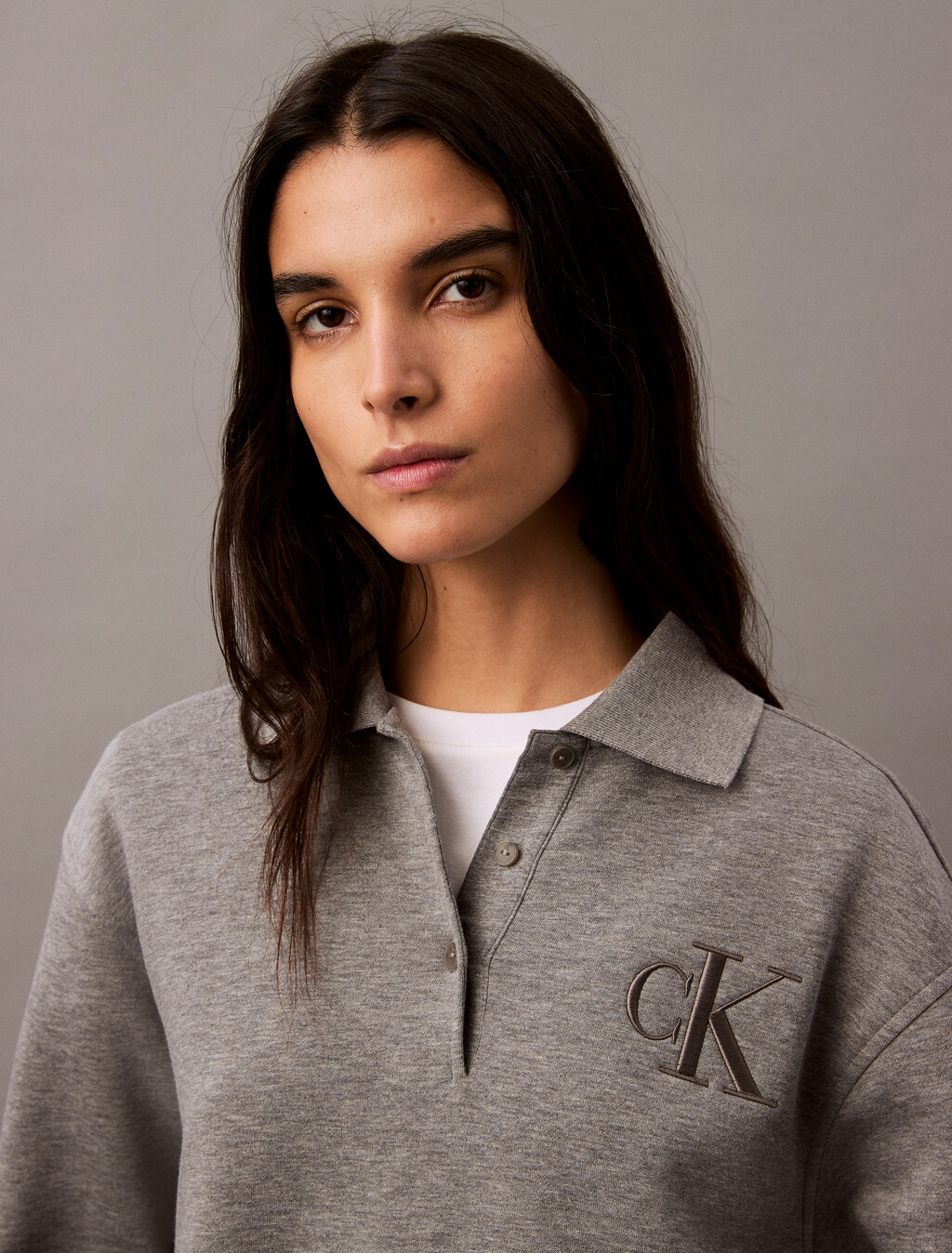 Cotton Modal Fleece Polo Sweatshirt, Med Grey Heather, hi-res