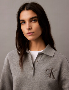 Cotton Modal Fleece Polo Sweatshirt, Med Grey Heather, hi-res