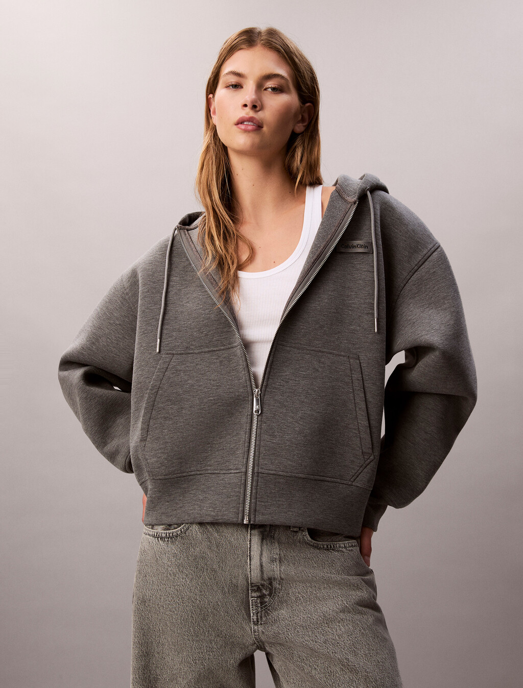 Oversized  Jersey Zip Up Hoodie, Med Grey Heather, hi-res