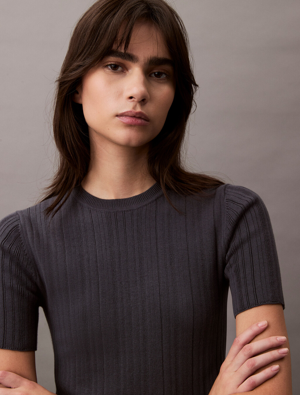 Cotton Variegated Rib Knit Top, Ebony, hi-res