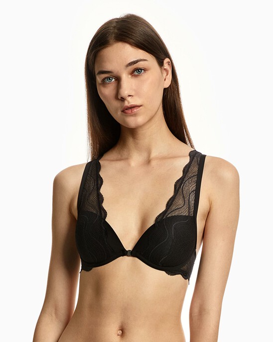 CK Black Graphic Lace Push Up Plunge Bra