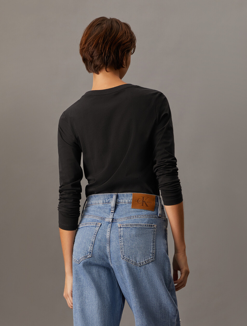 細小經典標誌修身長袖 T 裇, Ck Black, hi-res