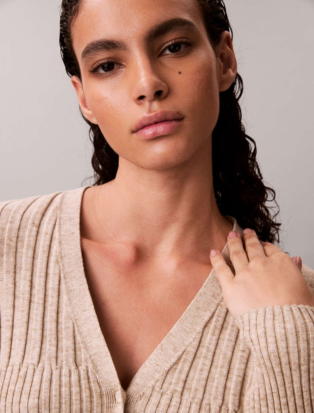 Cotton Mouline Rib Cardigan, Tuscan Beige Space Dye, hi-res