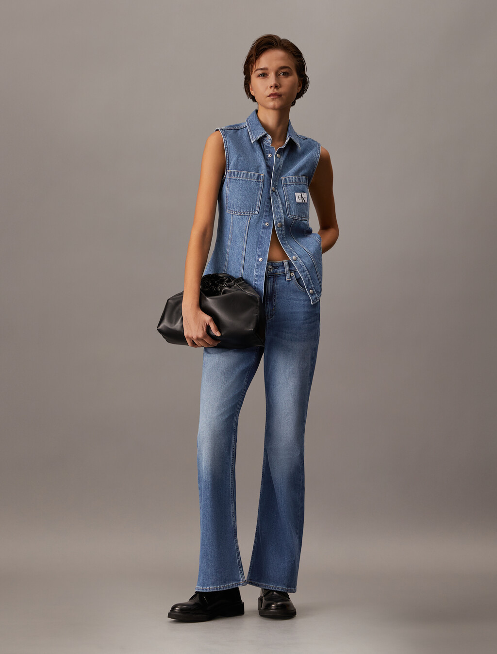 Luxe Lined 高腰喇叭牛仔褲, Denim Medium, hi-res