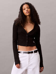 Cropped Ribbed Cotton Cardigan, Black, hi-res
