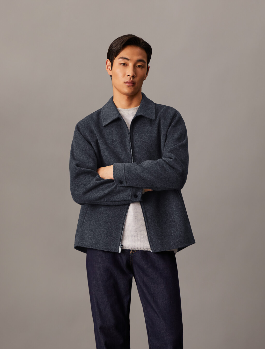 Mélange Wool Blend Short Full Zip Jacket, Ebony, hi-res