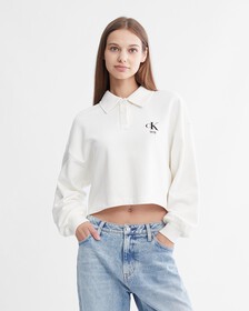 Varsity Polo Neck Pullover Sweatshirt, Ivory, hi-res
