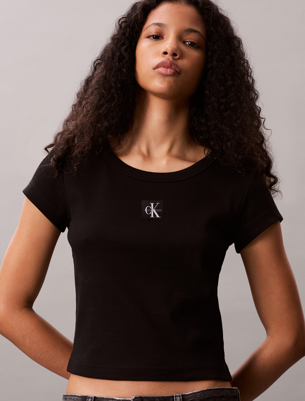 Cotton Stretch Rib Baby Tee, Black, hi-res