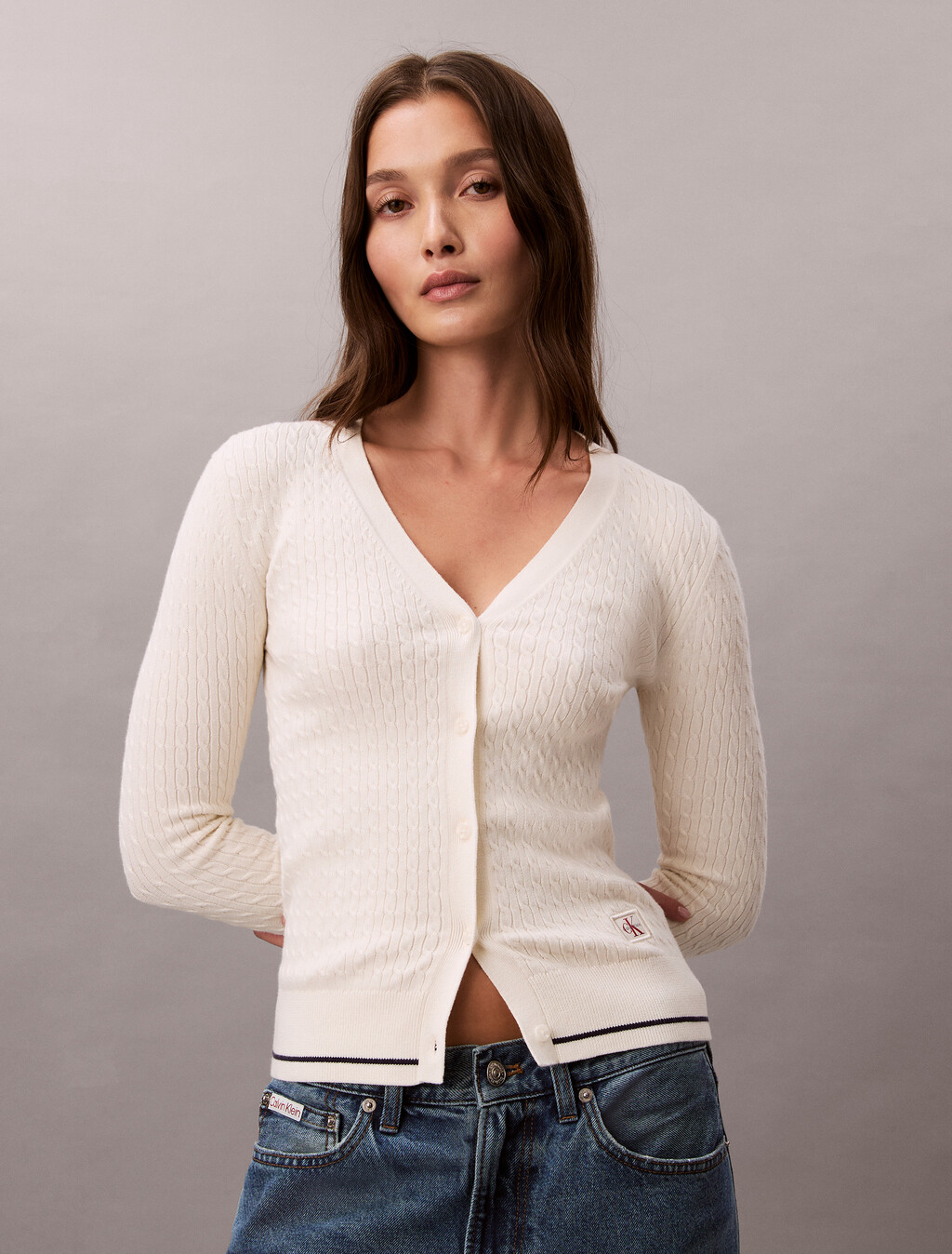 Slim Cable Knit Cardigan, Tofu, hi-res