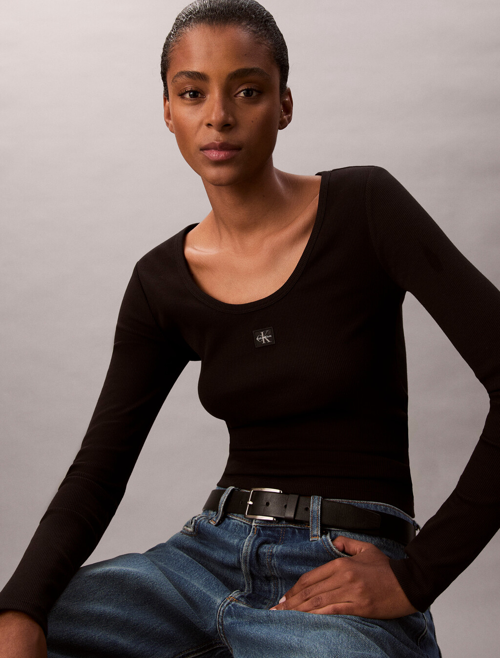 Ribbed Cotton Long Sleeve Top, Black, hi-res