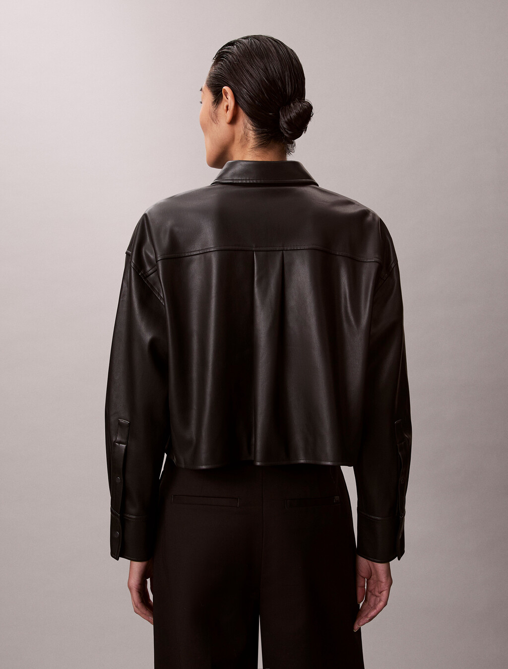 Faux Leather Cropped Shirt, Black, hi-res