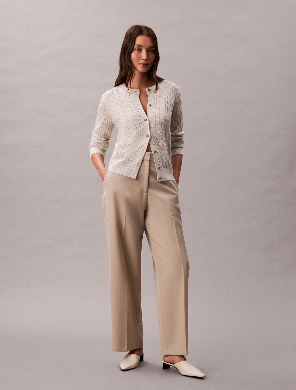 Merino Wool Blend Cable Cardigan, B01 Light Grey Heather, hi-res