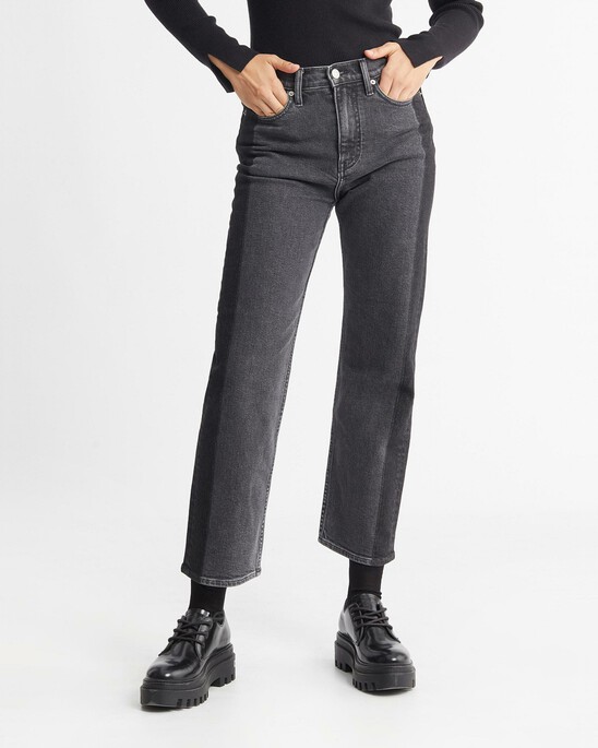 TWO TONE BLACK HIGH RISE STRAIGHT ANKLE JEANS