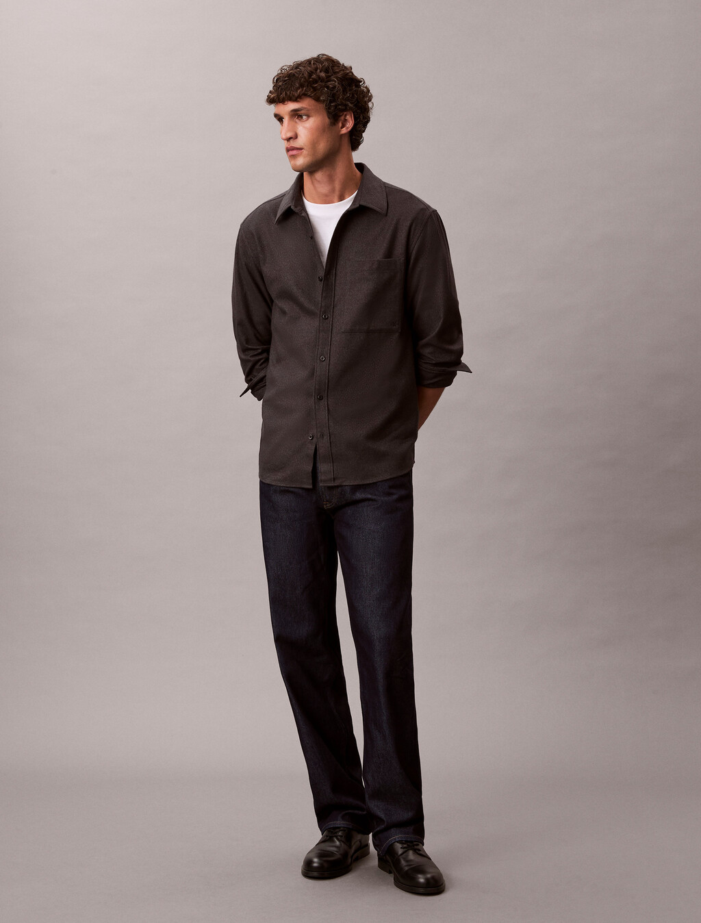Melange Flannel Easy Button-Down Shirt, Black, hi-res