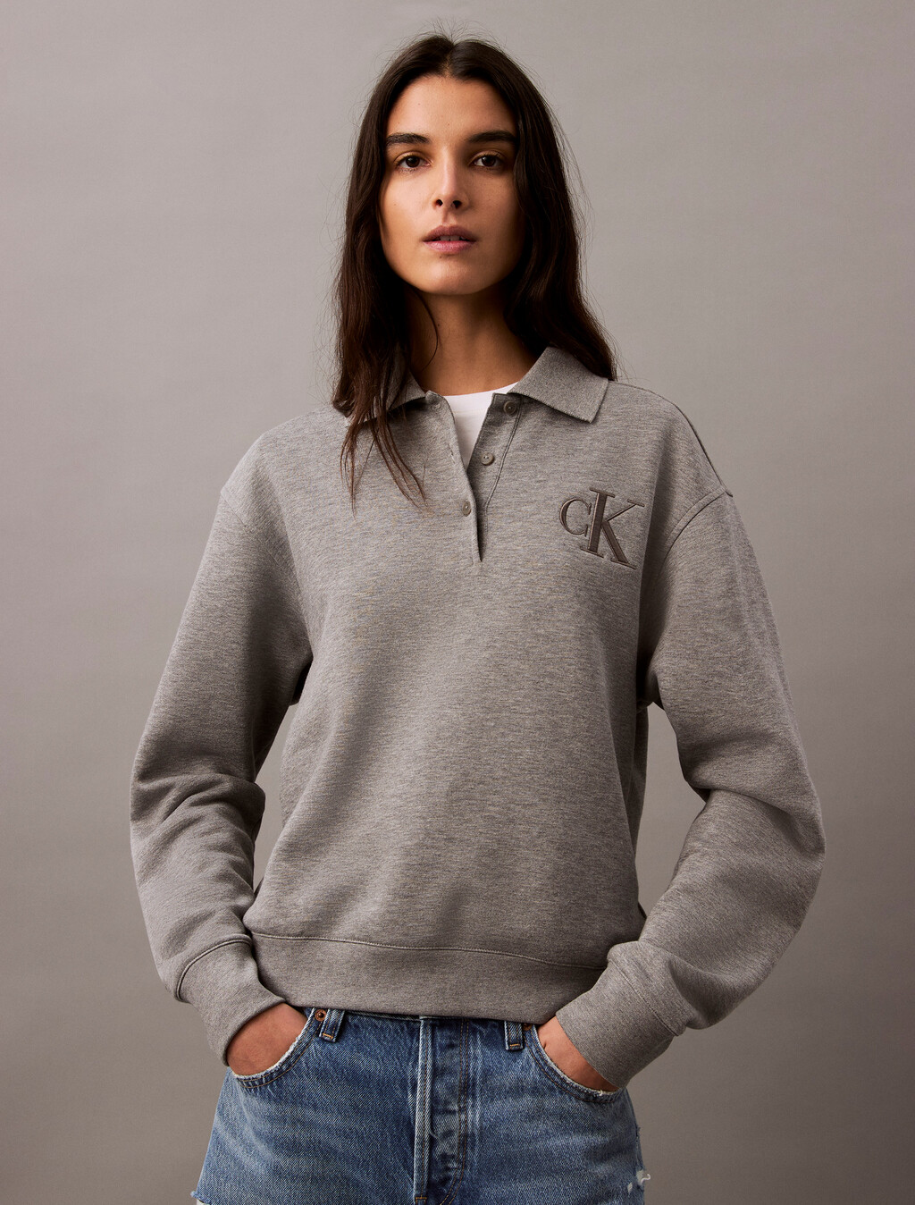 Cotton Modal Fleece Polo Sweatshirt, Med Grey Heather, hi-res