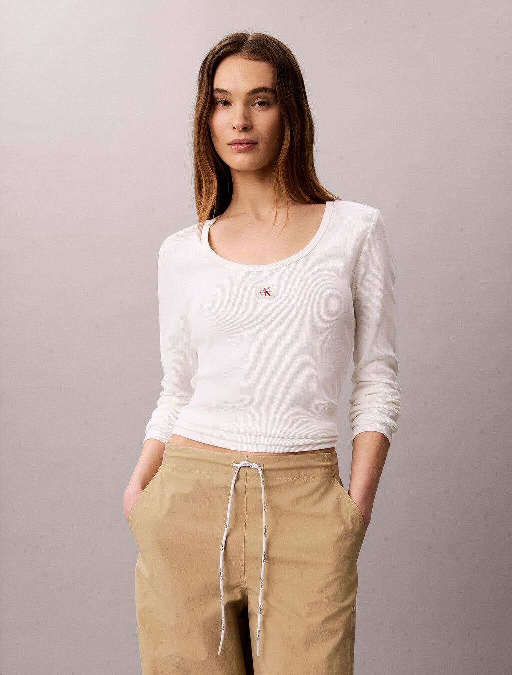 Ribbed Cotton Long Sleeve Top, Bright White, hi-res