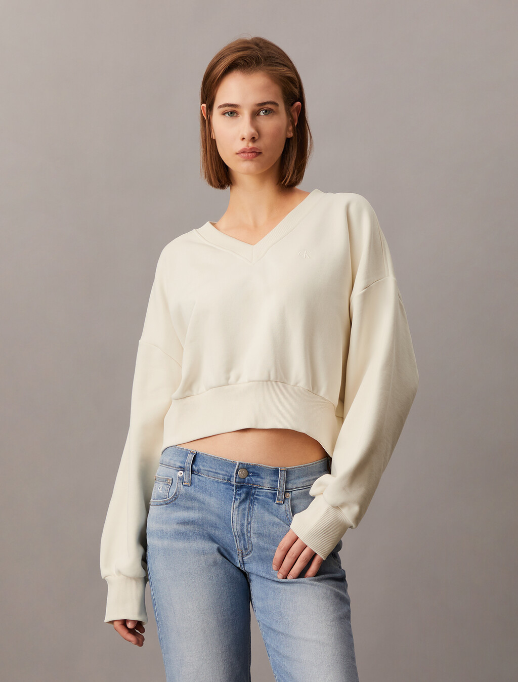 Oversized V Neck Pullover Sweatshirt, Ivory, hi-res