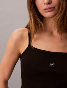 Cropped Ribbed Cotton Cami Top, Black, hi-res