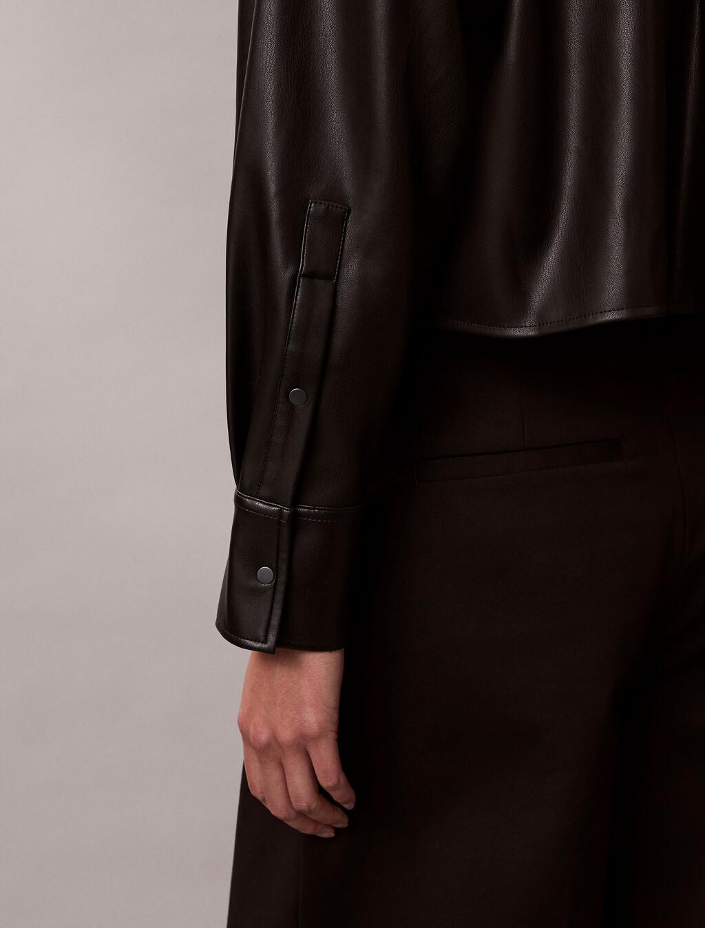 Faux Leather Cropped Shirt, Black, hi-res
