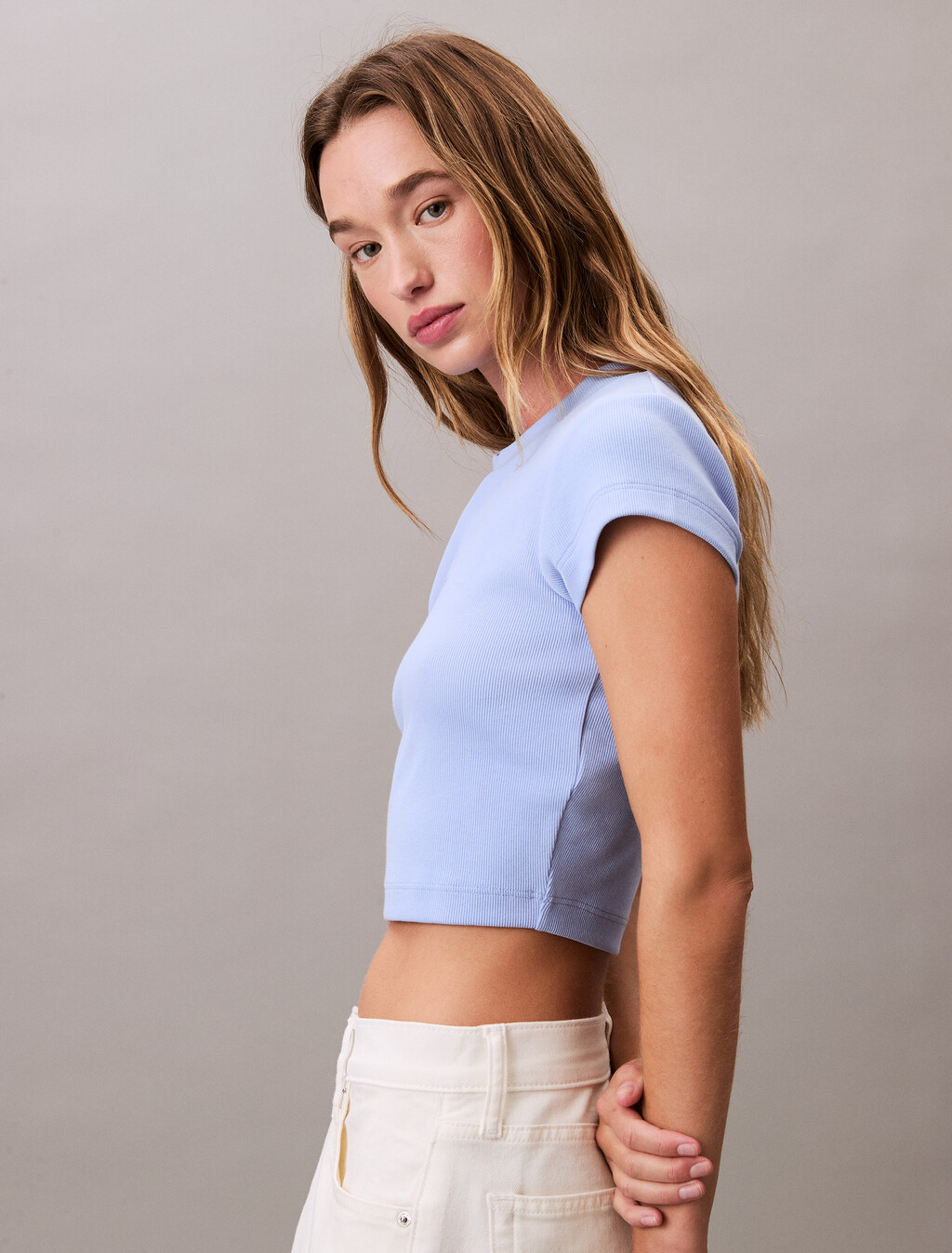 Slim Cropped Monogram T-shirt, Moderate Blue, hi-res