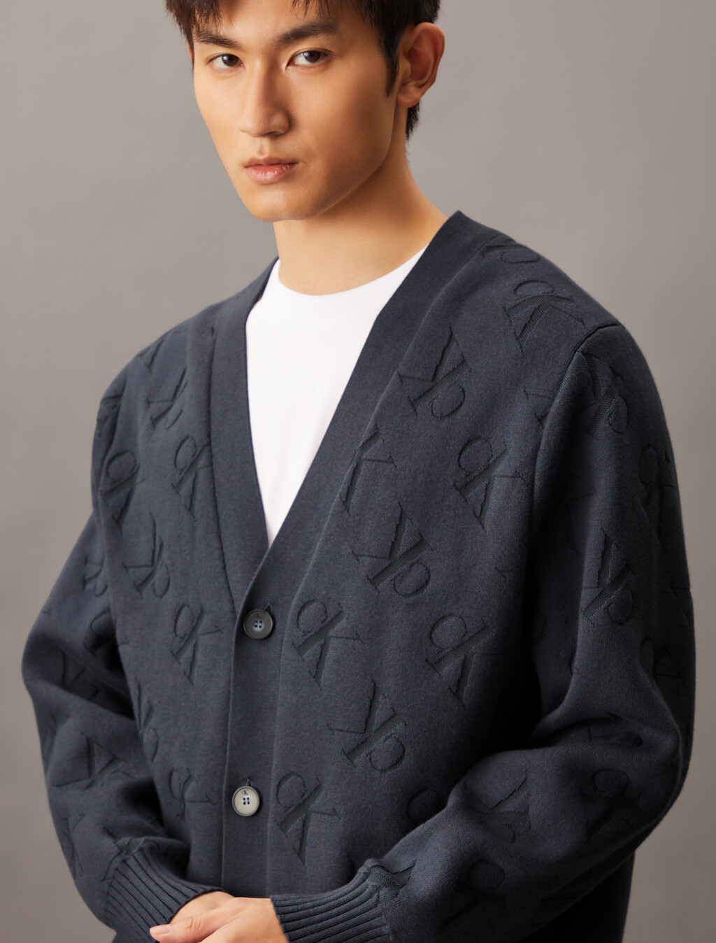 Embossed Monogram Relaxed Cardigan, Ebony, hi-res