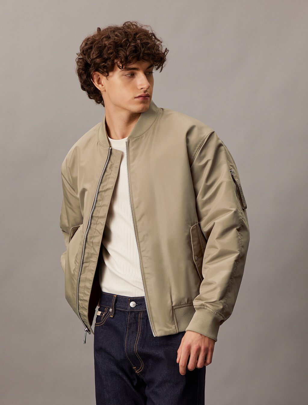 Padded Nylon Bomber Jacket, Brindle, hi-res