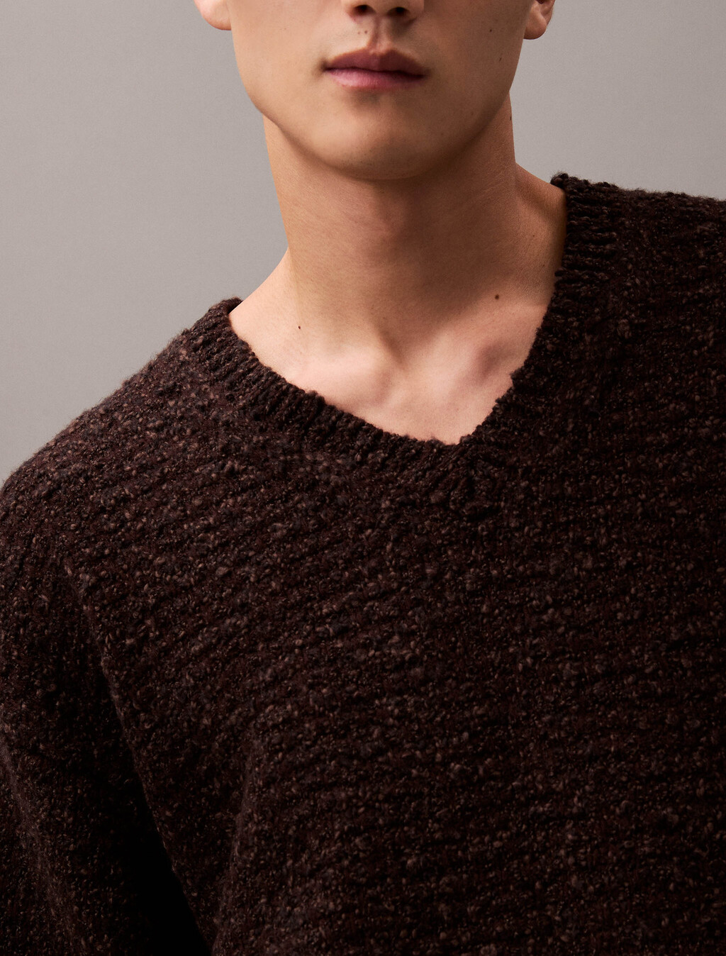 Chunky Wool V Neck Sweater, Mulch Htr, hi-res