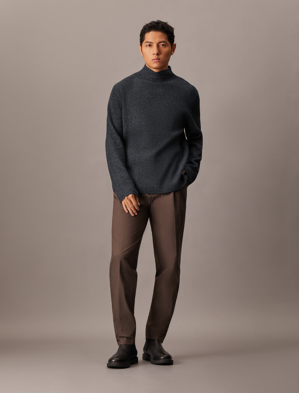 Woolen Rib Knit Mock Neck Sweater, Dark Cliff Htr, hi-res