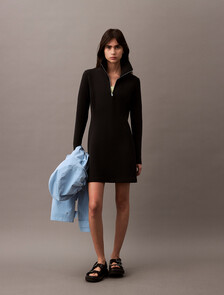 Scuba Fit & Flare Half Zip Dress, Black, hi-res