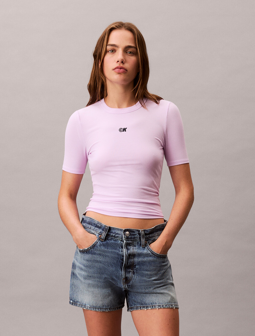 CK Logo Modal Stretch Ribbed Tee, Lavender Blush, hi-res