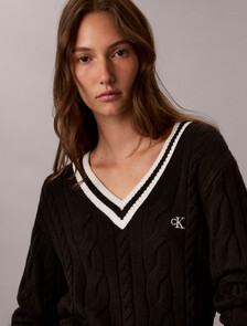 Cable Knit V-Neck Sweater, Black, hi-res