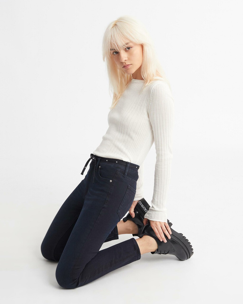 ULTIMATE STRETCH 彈性高腰緊身牛仔褲, Visual Blue Black Logo Lace, hi-res