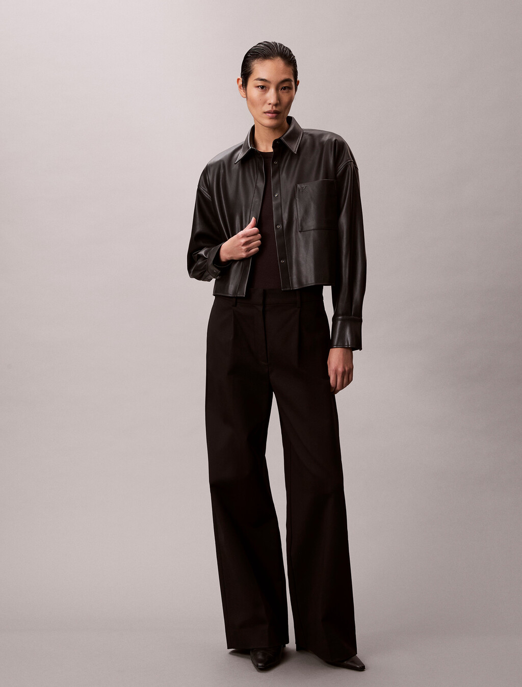 Faux Leather Cropped Shirt, Black, hi-res