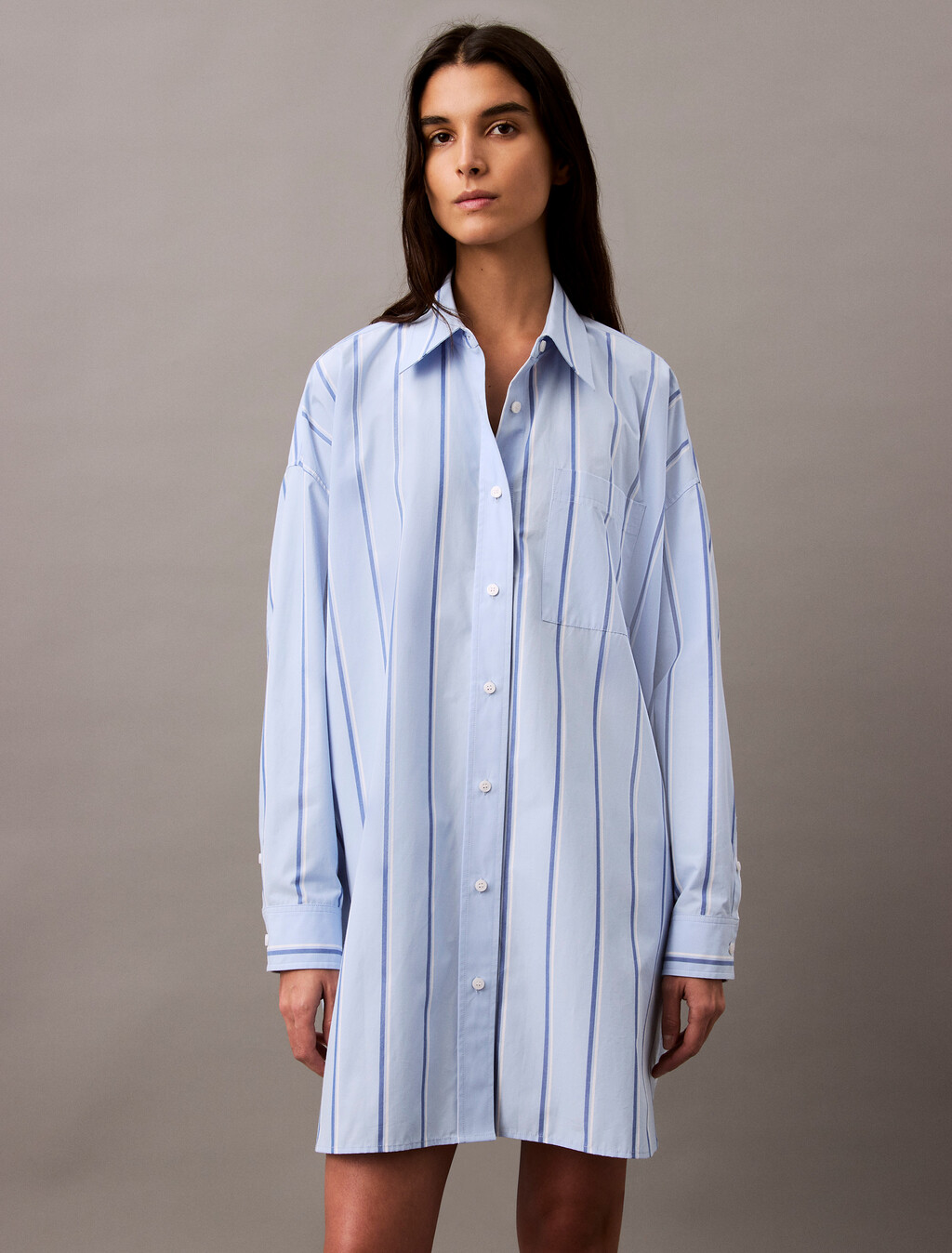 寬鬆條紋棉質襯衫連身裙, 18815 CSW25S_W013+Chambray Blue, hi-res