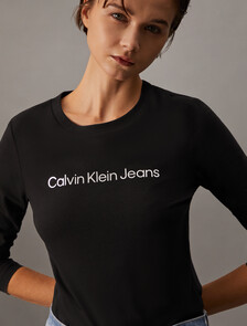 細小經典標誌修身長袖 T 裇, Ck Black, hi-res