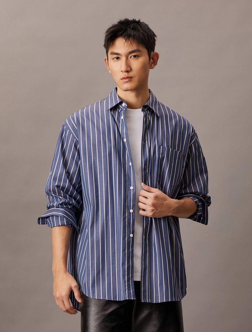 Cotton Stripe Relaxed Button-Down Shirt, Signature Navy, hi-res